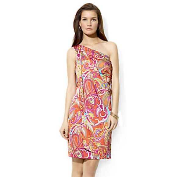 Lauren Ralph Lauren One-Shoulder Paisley Dress Size 8 | Orange Multicolor - Picture 1 of 5